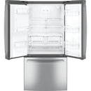 GE 33-inch, 23.6 cu.ft. Freestanding French 3-Door Refrigerator with External Water and Ice Dispensing System GFE24JYKFSGFE24JYKFS