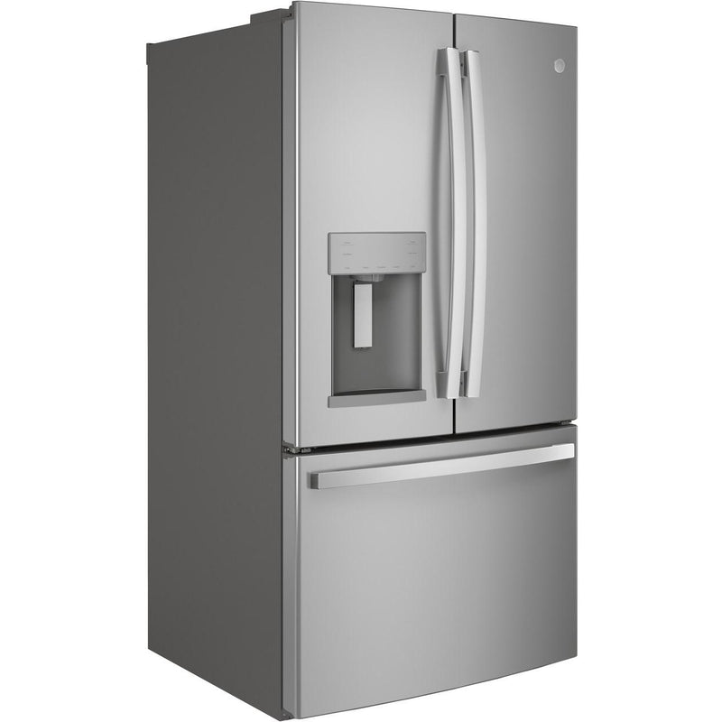 GE 36-inch, 27.8 cu.ft. Freestanding French 3-Door Refrigerator with Ice and Water Dispensing System GFE28GYNFS