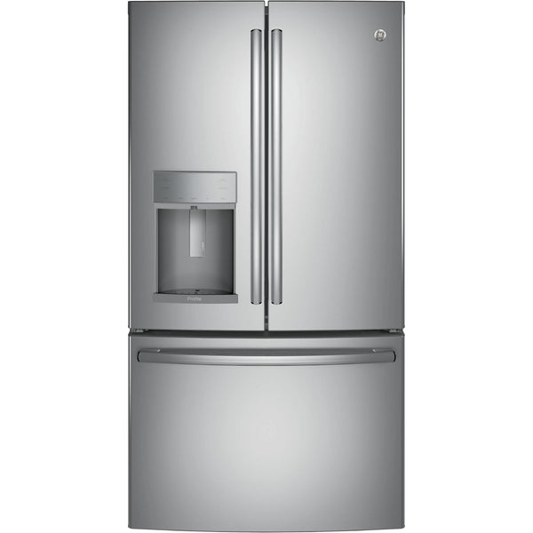 GE Profile 36-inch, 22.1 cu.ft. Counter-Depth French 3-Door Refrigerator with External Water and Ice Dispensing System PYD22KSLSS IMAGE 1