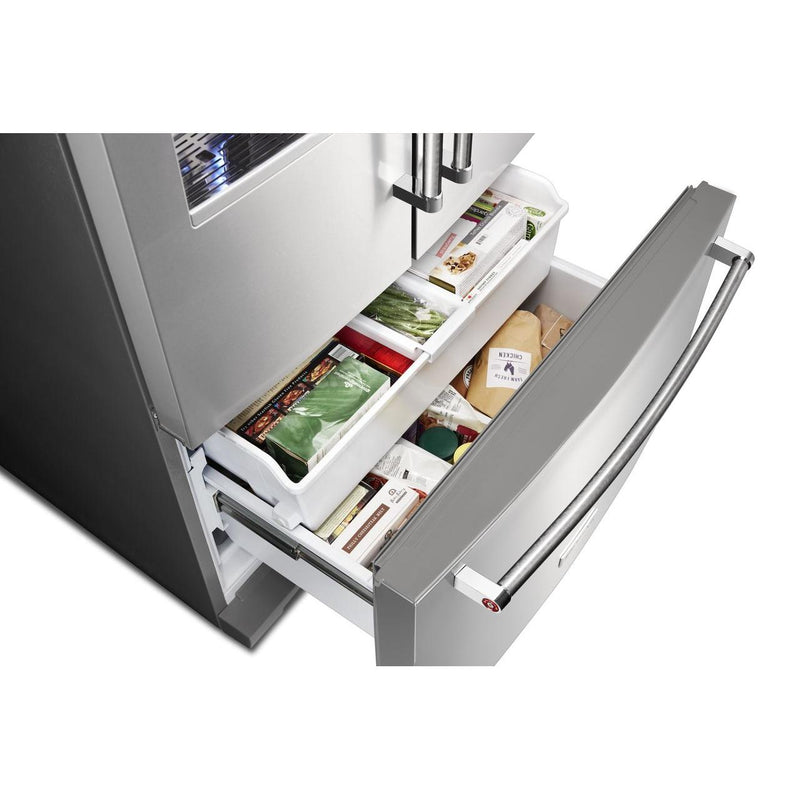 KitchenAid 36-inch, 26.8 cu. ft. Freestanding French Door 3-Door Refrigerator with Exterior Ice and Water Dispensing System KRFF507HPS