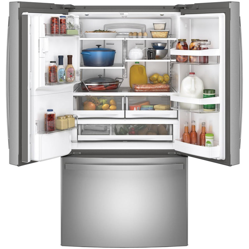 GE 36-inch, 27.8 cu.ft. Freestanding French 3-Door Refrigerator with Ice and Water Dispensing System GFE28GYNFS