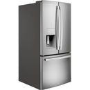 GE 33-inch, 23.6 cu.ft. Freestanding French 3-Door Refrigerator with External Water and Ice Dispensing System GFE24JYKFSGFE24JYKFS