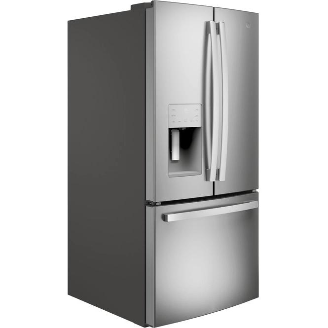 GE 33-inch, 23.6 cu.ft. Freestanding French 3-Door Refrigerator with External Water and Ice Dispensing System GFE24JYKFS