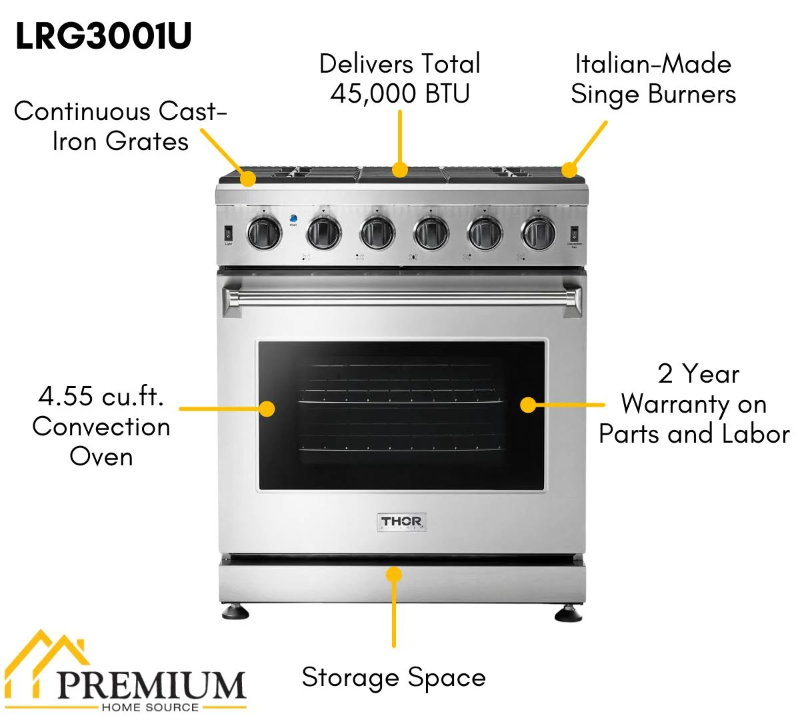 Thor Kitchen 30" Propane Gas Range in Stainless Steel (LRG3001ULP)
