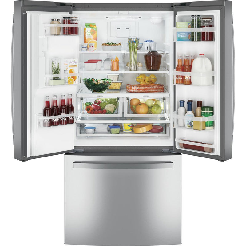 GE 33-inch, 23.6 cu.ft. Freestanding French 3-Door Refrigerator with External Water and Ice Dispensing System GFE24JYKFS