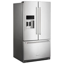 KitchenAid 36-inch, 26.8 cu. ft. Freestanding French Door 3-Door Refrigerator with Exterior Ice and Water Dispensing System KRFF507HPS