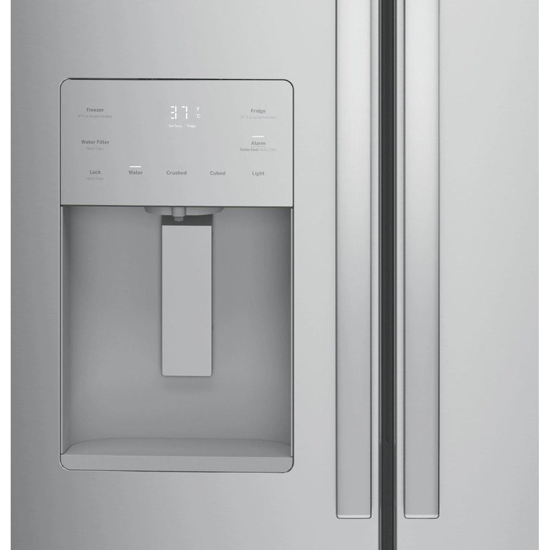 GE 33-inch, 23.6 cu.ft. Freestanding French 3-Door Refrigerator with External Water and Ice Dispensing System GFE24JYKFS